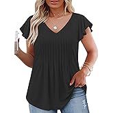 VOGRACE Womens-Plus-Size-Summer-Tops Casual V Neck T Shirts Trendy Ruffle Short Sleeve Tunics Loose Comfy Pleated Tees XL-5XL