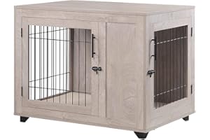 beeNbkks Furniture Style Dog Crate, Double Doors Wooden Wire Dog Kennel End Table, Pet Crate with Soft Bed, Decorative Dog House Pet Furniture Indoor Use