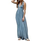 R.Vivimos Boho Maxi Dresses for Women 2026 Summer Sleeveless Halter Elastic Waist Sexy Backless Front Slit Flowy Long Dresses