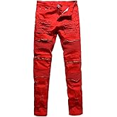 Rexcyril Men's Moto Biker Jeans Distressed Ripped Skinny Slim Fit Denim Pants with Zippers