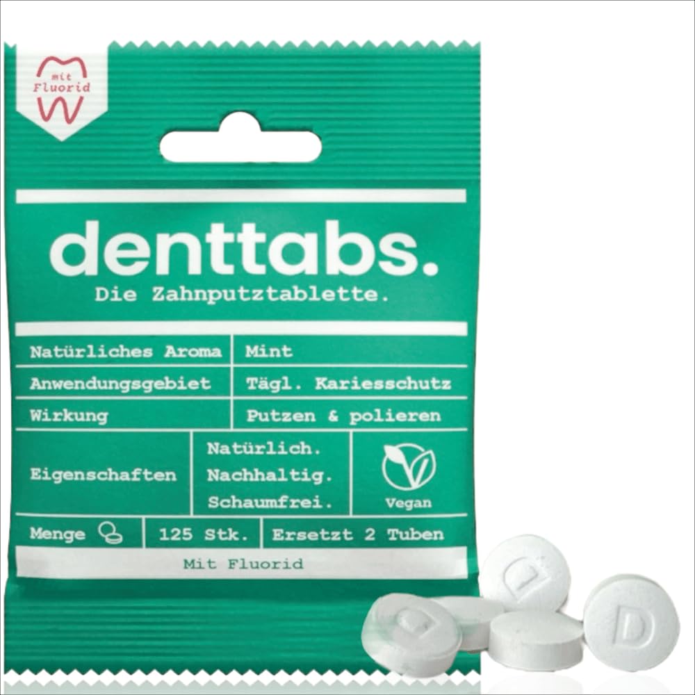 DENTTABS Teeth Cleaning Tablets with Fluorid Pack of 125 the Full-fledged Alternative to Toothpaste, Mint Vegan Plastic-Free Without preservatives. in the Original denttabs compostable Bag