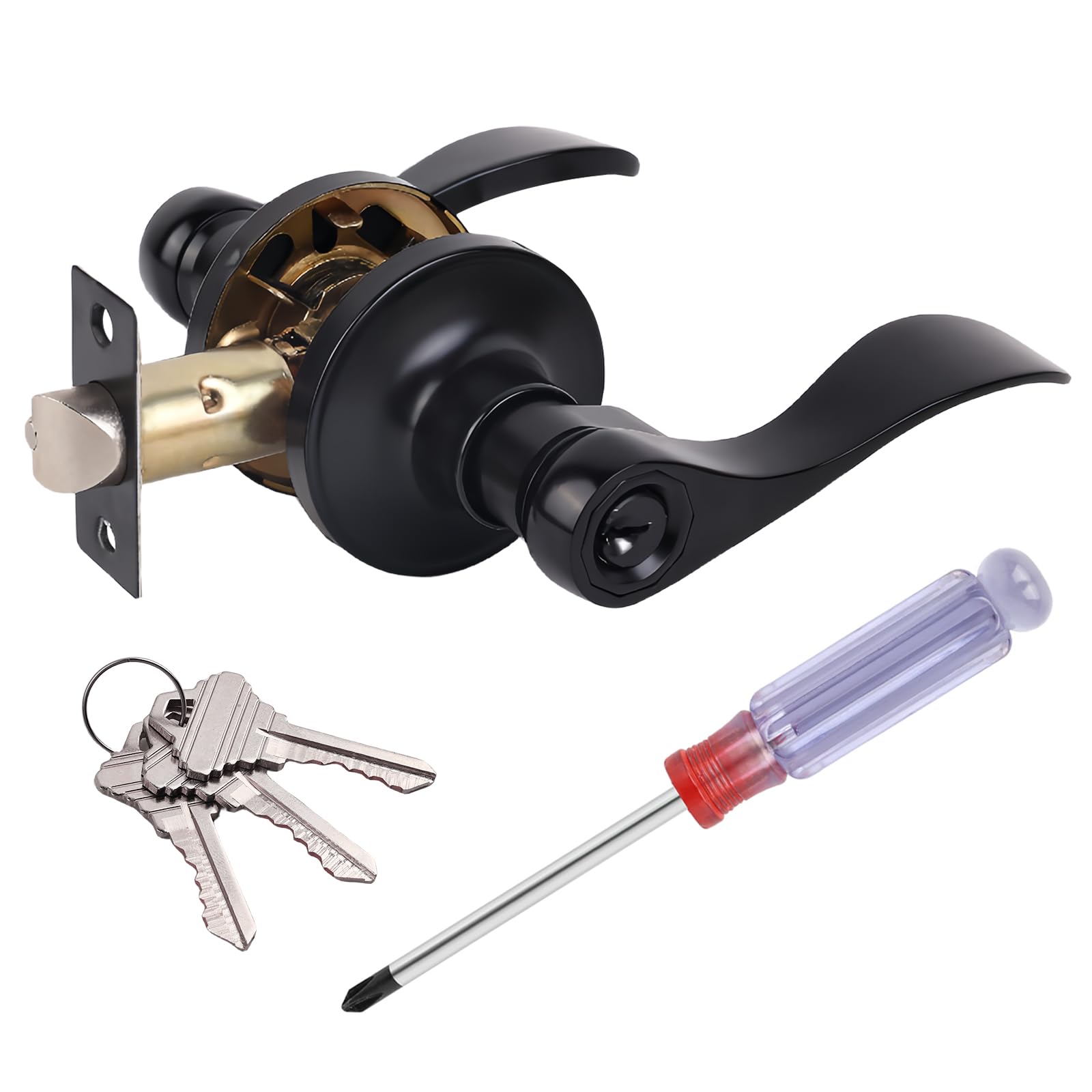 Photo 1 of ANSIONLOK Matte Black Keyed Entry Door Handle, Wave Style Door Lever Lock with 3 Keys, Exterior Office Front Door Handles with Screwdriver, Keyed Reversible Door Handle, 1 Pack