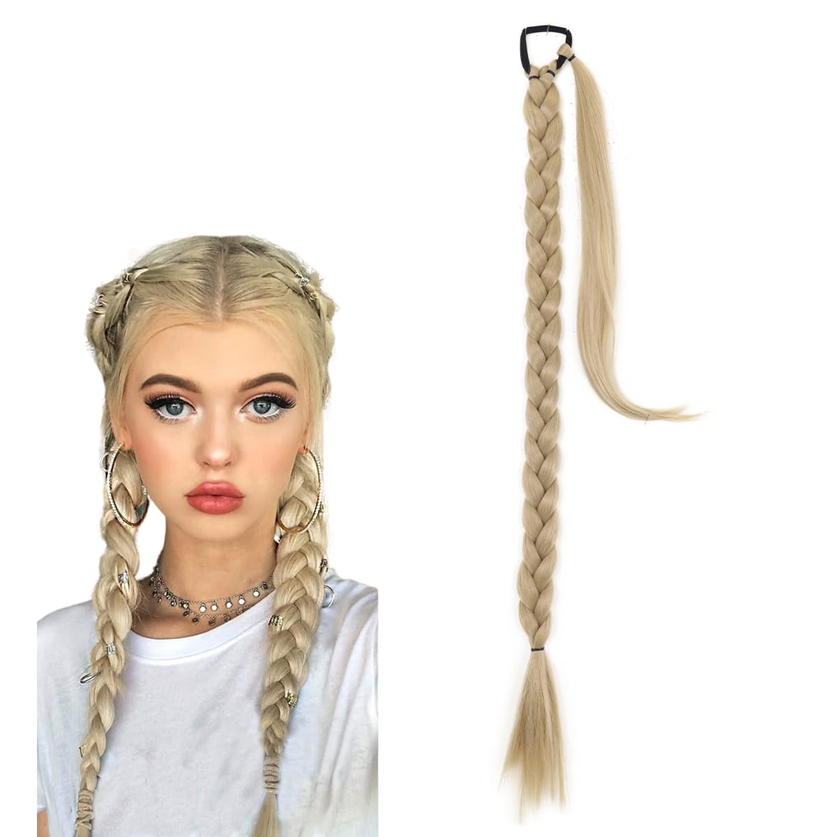 prinfantasy Ponytail Hair Extension Long Braided Hair Ash Blonde Straight Wrap Around With Scrunchies Seamless Ponytails for Women Synthetic Pony Hairpieces for Daily Wear Braiding Hair, MW267