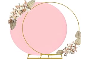 HAISIWLKJ 6.6ft Round Backdrop Stand and Pink Covers 1 Stable Balloon Arch Stand with Base and 1 Polyster Circle Arch Covers Metal Wedding Arch Backdrop Stand Frame for Parties Baby Shower Garden Decorations