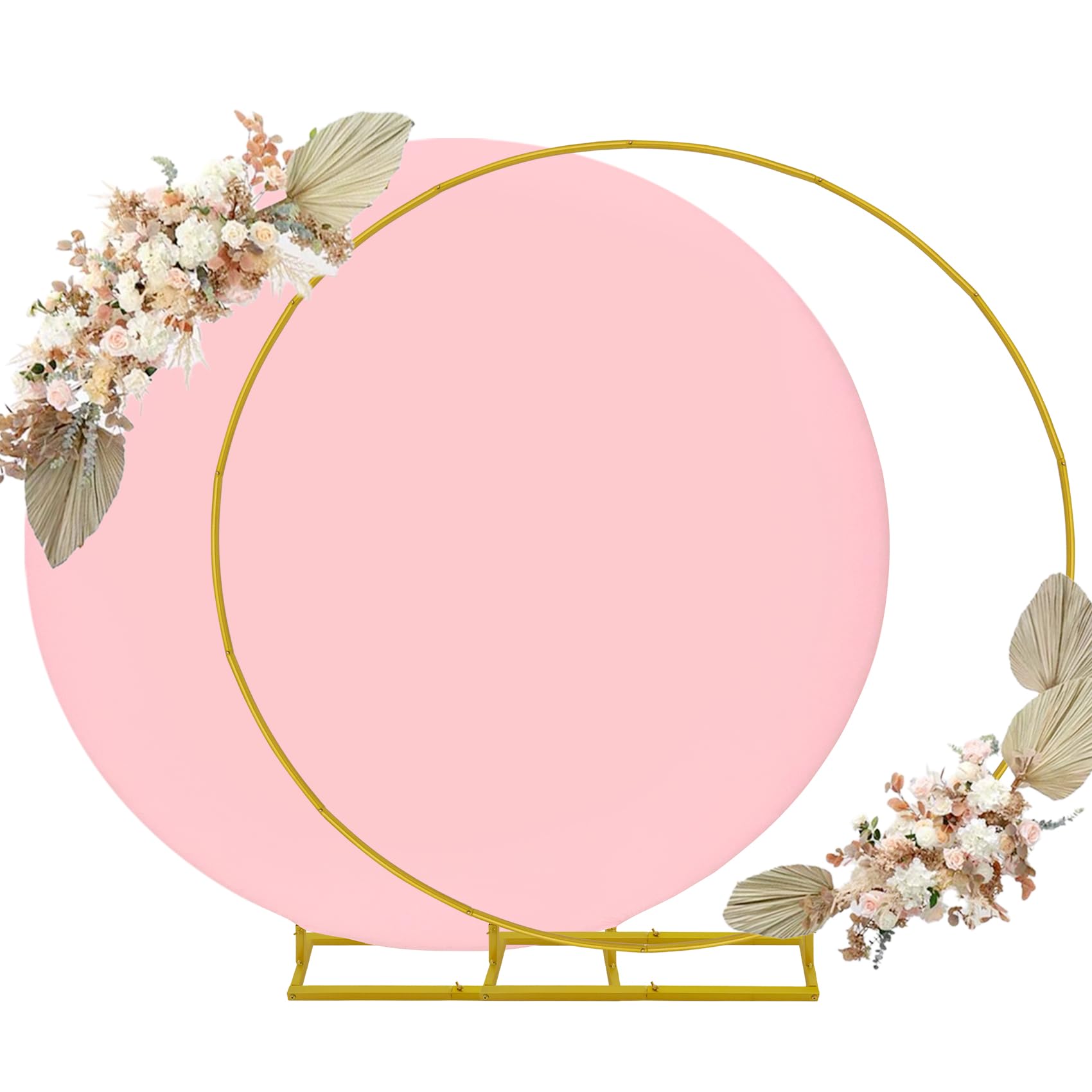 Photo 1 of 6.6ft Round Backdrop Stand and Pink Covers 1 Stable Balloon Arch Stand with Base and 1 Polyster Circle Arch Covers Metal Wedding Arch Backdrop Stand Frame for Parties Baby Shower Garden Decorations