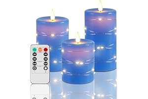 Upinmz Blue Flickering Flameless Candles with Embedded String Lights, Battery Operated Candles with Remote Control and Timer,