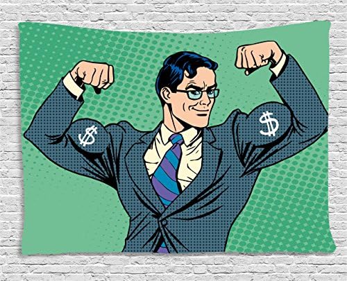 Ambesonne Green Tapestry, Pop Art Retro Style Manly Businessman with Currency Dollar Money Print, Wide Wall Hanging for Bedroom Living Room Dorm, 60" X 40", Blue Fern