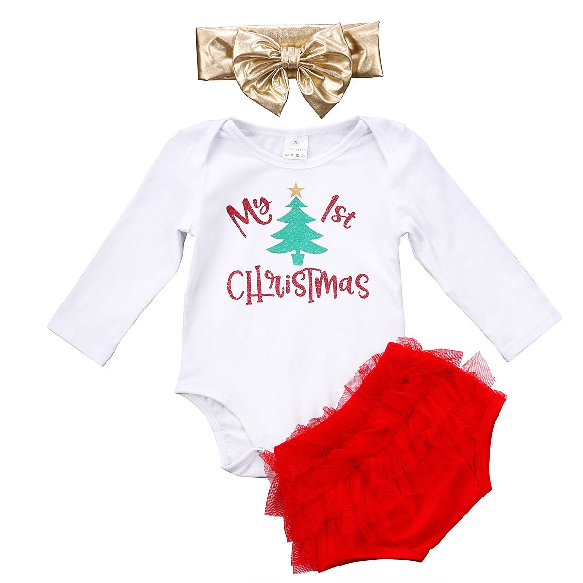 Urkuteba Baby Girl Merry Christmas Romper Lace Tulle Short Pants Headband Outfit
