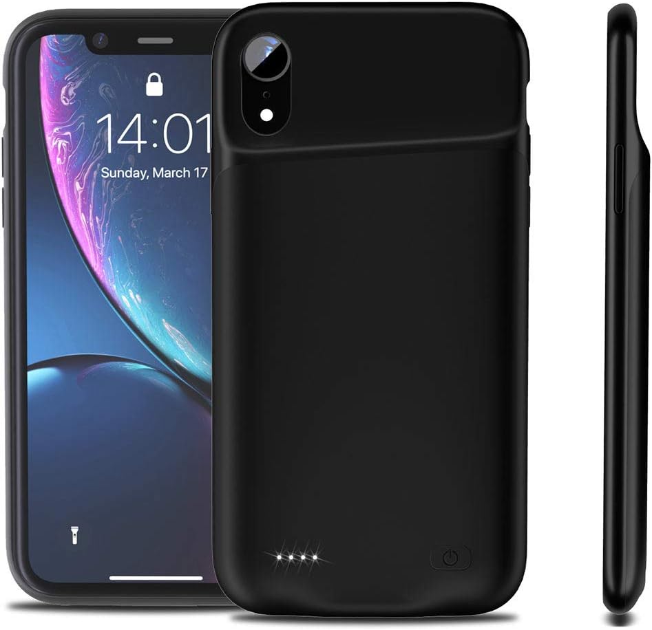 Compatible with iPhone Xr Battery Case, 4200mAh Rechargeable External Backup Charger Pack Slim Extended Portable Power Bank Extra Shockproof Protective Cover Shell Black