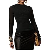 Milumia Women's Long Sleeve Mesh Top Mock Neck Ruched Fitted Tops Going Out Shirts