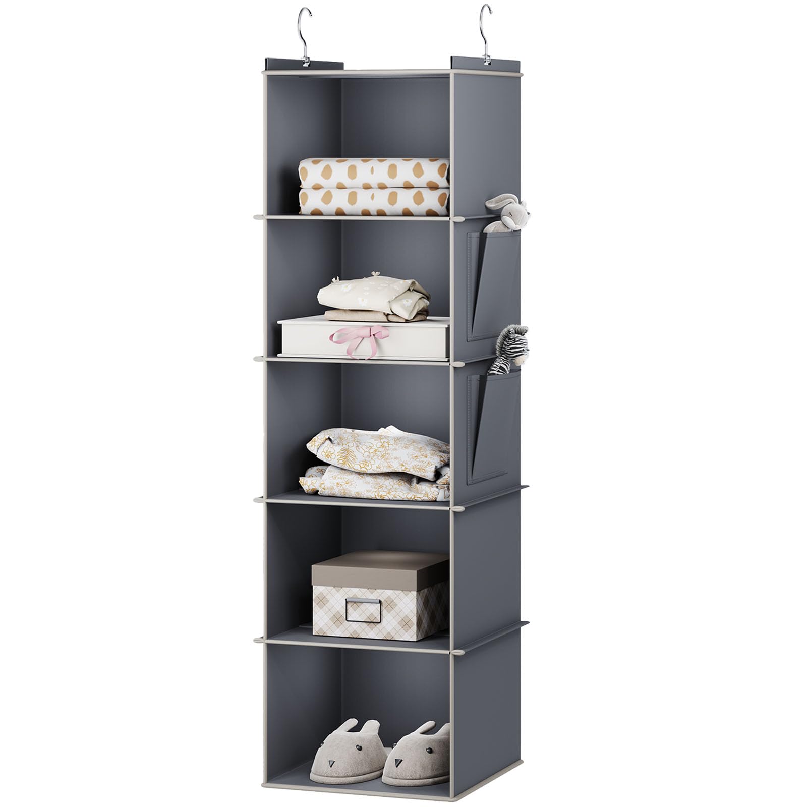 YOUDENOVA Hanging Storage 5 Shelves Closet Organizers and Storage Foldable Hanging Shelves with Side Pockets Wardrobe Storage Organizer for Clothes Grey