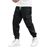 OYOANGLE Men's Drawstring Waist Flap Pocket Jogger Cargo Pants Carrot Denim Jeans with Pocket