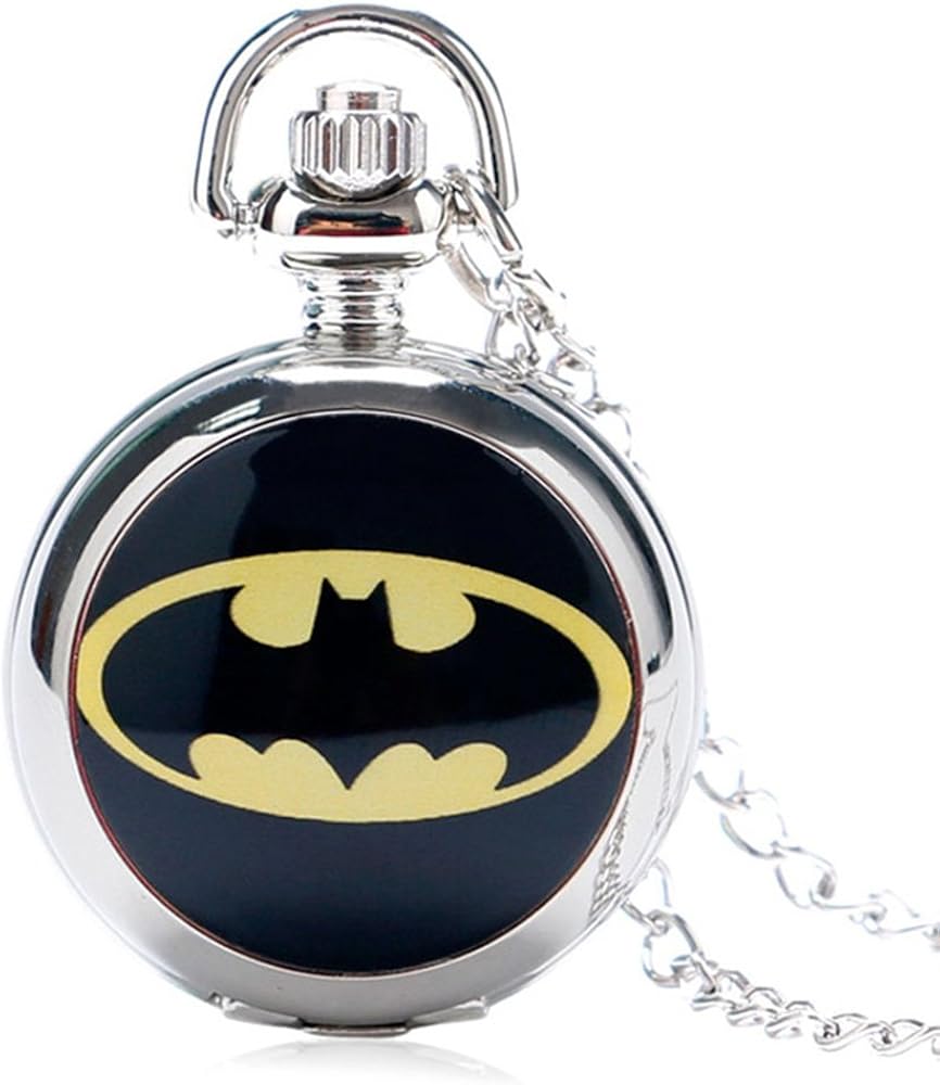 Batman Logo Polished Silver Finish Case Women's Quartz Pocket Watch Necklace - On 32" Inch / 80cm Chain