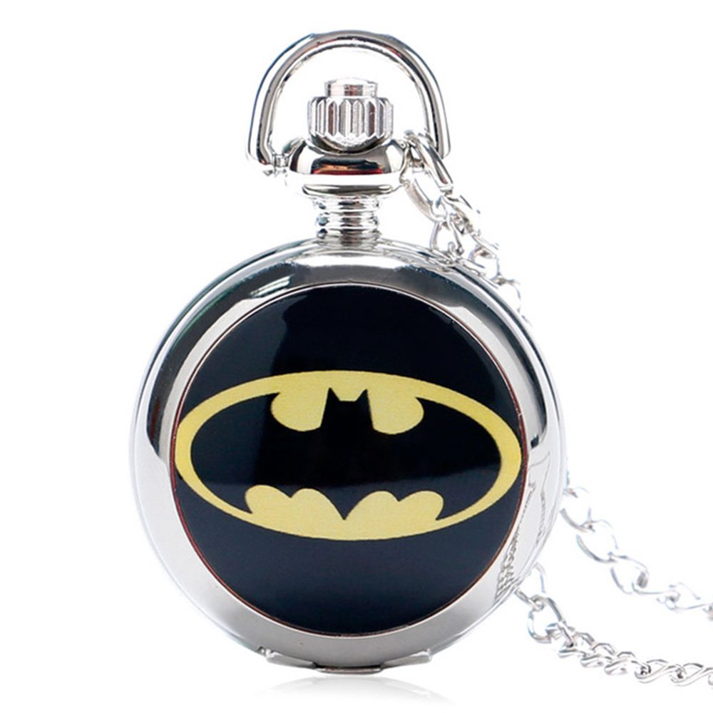 Designer Inspirations Boutique ® Batman Logo Polished Silver Finish Case Women's Quartz Pocket Watch Necklace - On 32" Inch / 80cm Chain