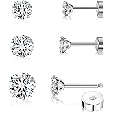 FACOKO 3 Pairs Flat Back Earrings for Women, Titanium CZ Stud Flat Screw Back, Hypoallergenic Cartilage Flatback, Tragus Helix Tragus Conch Piercing(3mm/4mm/5mm Gold/Pink/Silver/Black White CZ)