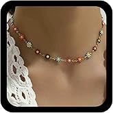 Allereyae Vintage Daisy Flower Choker Necklace Colorful Daisy Flower Necklace Floral Bead Necklaces Enamel Floral Necklaces Rainbow Sunflower Choker Jewelry for Women