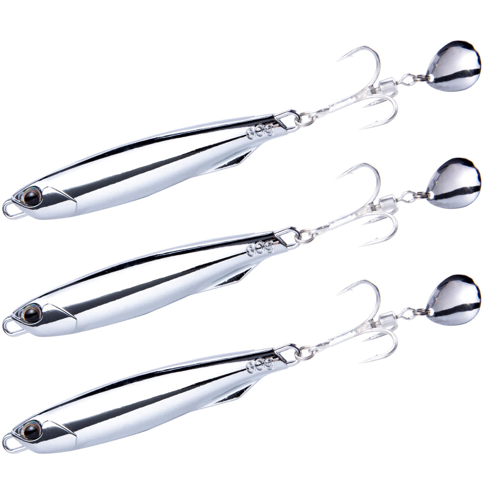 Dr.Fish 3pcs Sea Fishing Lure Vertical Diamond Jigging Spoons 60g for Mackerel Cod Bass Pike Sea Fishing Tackle with Treble Hooks Casting Fishing Spinners Metal Jigs(Colorado Blade)