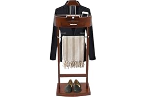 Bulelula Suit Valet Stand Wood Valet Stand for Man, Wooden Clothing Valet Stand with Contour Hanger, Tray, Trouser Bar, Tie Bar and Base, Mens Valet Stand for Entryway Office Living Room (Brown)