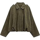 WOWULOVELY Women's Faux Suede Bomber Jacket Lapel Pilot Pocket Coat Casual Oversized Long Dolman Sleeves Trendy Streetwear