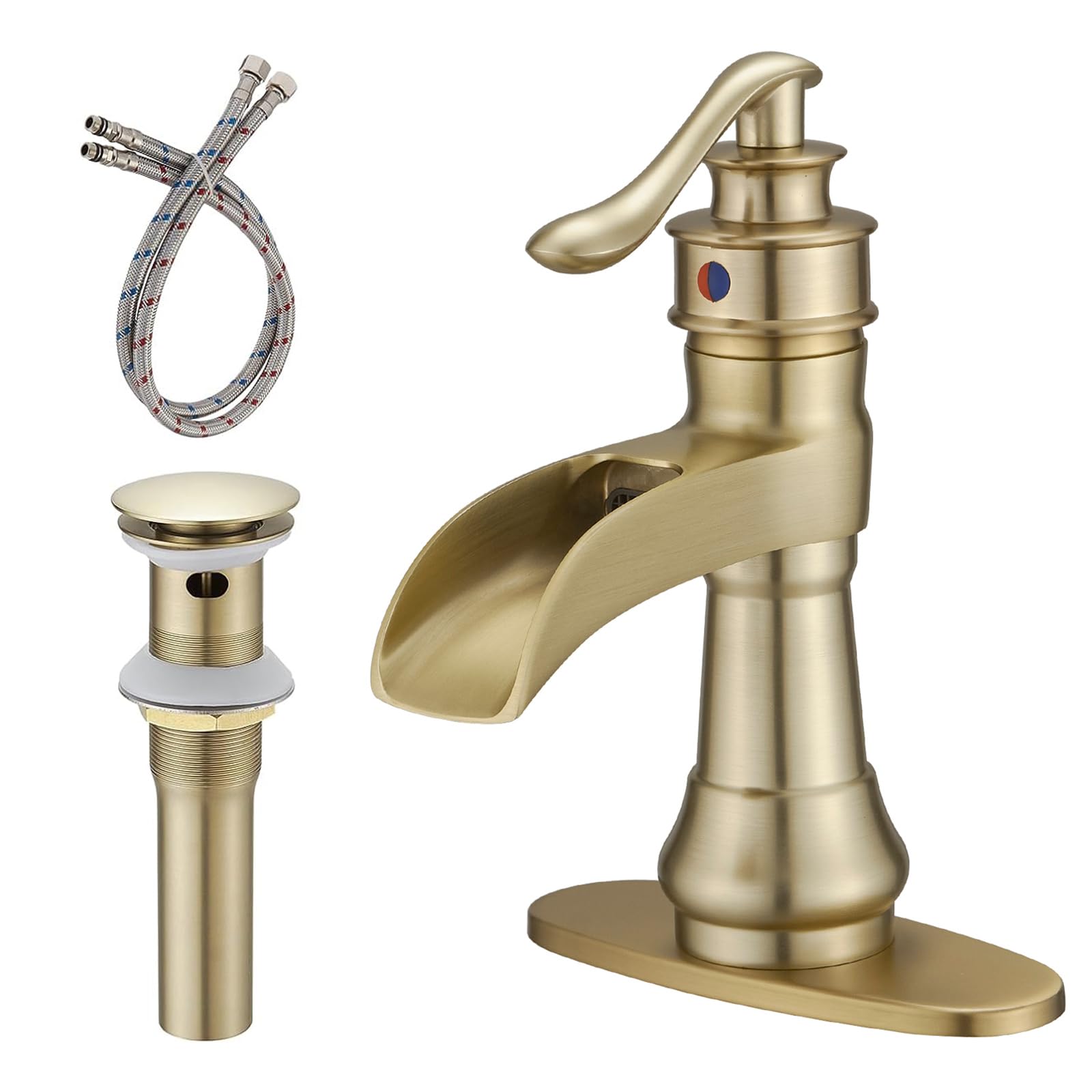 Photo 1 of Bathfinesse Gold Bathroom Faucet Sink Waterfall Farmhouse with Pop Up Drain Stopper with Overflow Single-Handle Single Hole Deck Mounted Lavatory with Supply Lines Hose, Brushed Gold