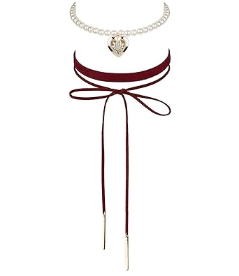 SIX 'Oktoberfest 2er Set Kurze Damen Halsketten, Choker, Zwei Rote Textil-Bänder, Schleife, weiße Perlen, goldenes Herz, Edel