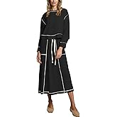 HOWALOOK Women’s 2 Piece Skirt Sets Long Sleeve Crewneck Pullover Tops Drawstring Midi Skirt Lounge Set Travel Outfits