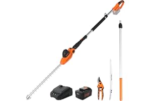 GARCARE Pole Hedge Trimmer Cordless with 20V 4.0Ah Li-Ion Battery & Quick Charger, 450mm Laser Cut Blade, Folding Saw & Pruning Shears Included