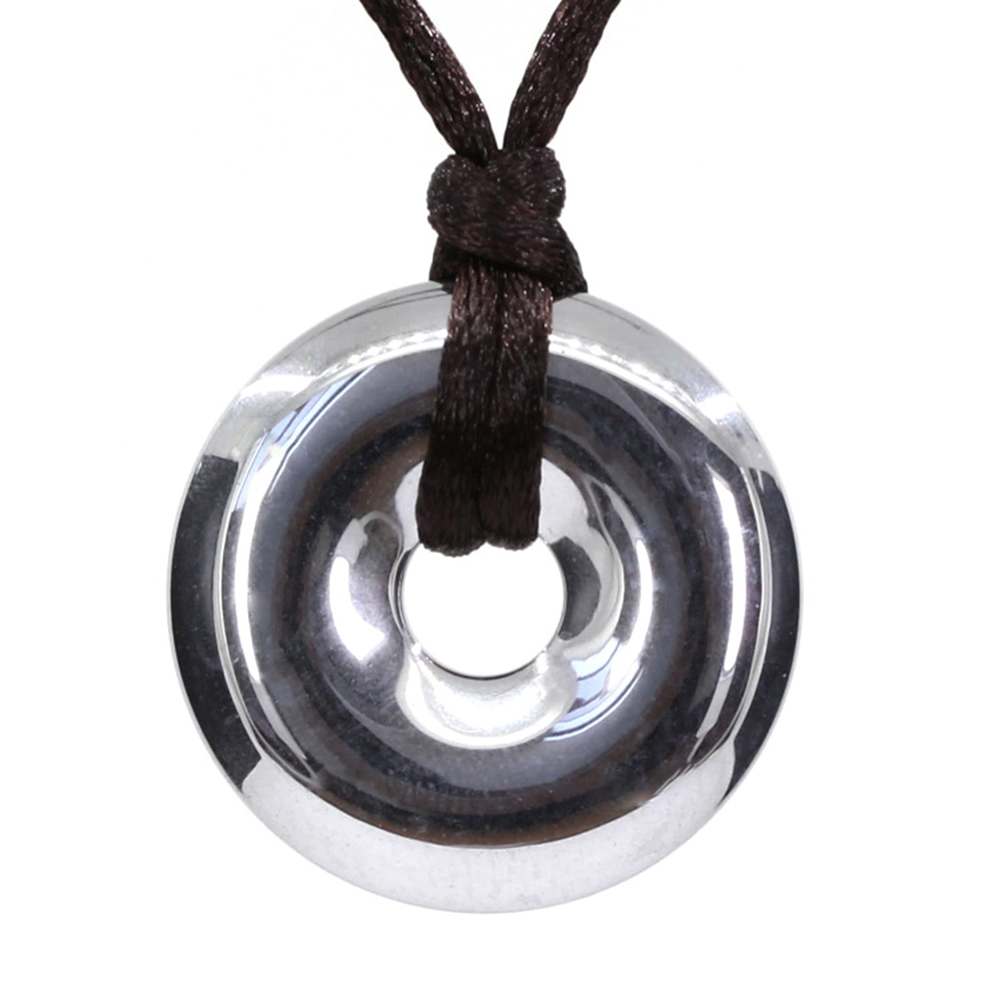 Keleny Coated White Hematite Gemstones 30mm Circle Coin Peace Donut Pendant Adjustable Braided Brown Rope Necklaces