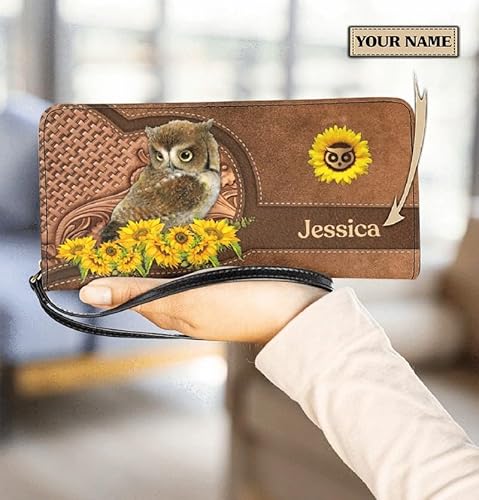 Personalized Funny Owl Sunflower Women Leather Wallet, Vintage
