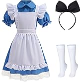 Yuiui 4pcs Girl Blue Dress White Apron Halloween Cosplay Costume With Bow Hair Band Stockings Set for Birthday Dress Up