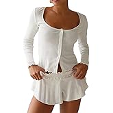 Luckinbaby Women Cute Pajamas Set Long Sleeve Button Down Top Ruffle Shorts 2 Piece Lounge Sets Y2k Sleepwear