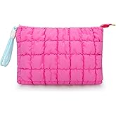 DOB SECHS Puffer Quilted Makeup Bag with Handle, Cute Puffy Cotton Cosmetic Bags for Women, Checkered Toiletry Zipper Pouch, Travel Essentials Storage Organizer Clutch Pouches Pencil Case, Hot Pink