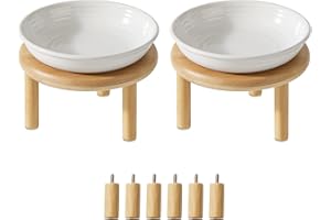 Havniva 2 Sets of Elevated Ceramic Cat Dish, Wide Whisker Friendly Anti-Slip Food & Water Bowl with 2 Heights Adjustable Stands - Pet Bowl Set for Cats (2 Dishes +2 Stands, White)