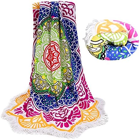 BAZABA Thick Microfiber Terry Round Beach Towel Blanket-Soft Thick Water Absorbent Mandala Roundie Beach Throw 62 Inches Across (NO.4)