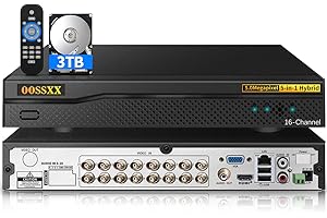 OOSSXX 16-Channel DVR Hybrid Capability 5.0MP HD 5-in-1 Digital Video Recorder Security DVR Recorder AHD/Analog/TVI/CVBS/IP Security Camera System Video Surveillance,Max to 6TB (3TB HDD Included)