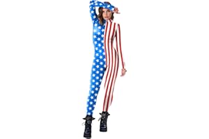 Bemeiren American Flag Bodysuit for Women 4th of July Jumpsuit Long Sleeve Costume for Party Patriotic Theme Outfit
