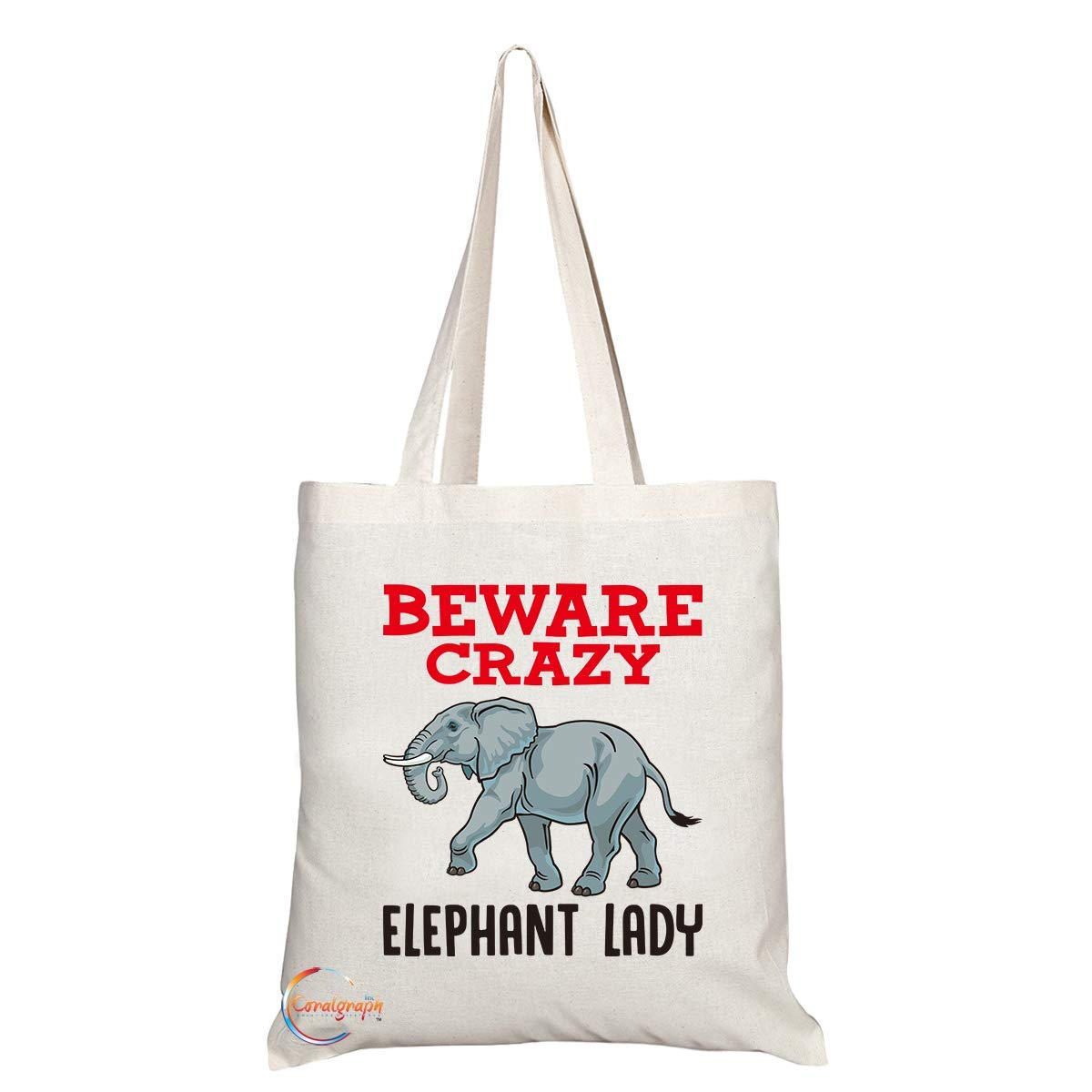 Coralgraph Inc TB375 Beware Crazy Elephant Lady Novelty Present Gift Printed Eco-Friendly Stylish Long Handled Tote Shoulder Bag