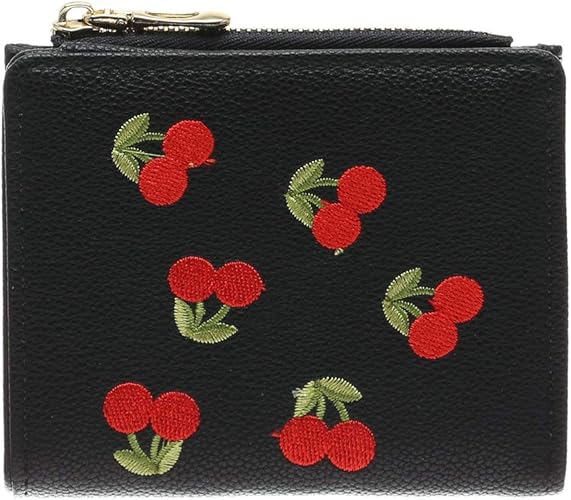 Amazon セット品 さくらんぼ チェリー シンプル 2つ折り財布 ミニ財布 レディース サイフ さいふ 二つ折り かわいい 財布 ラッピング ブラック ノーブランド品 レディースバッグ 財布
