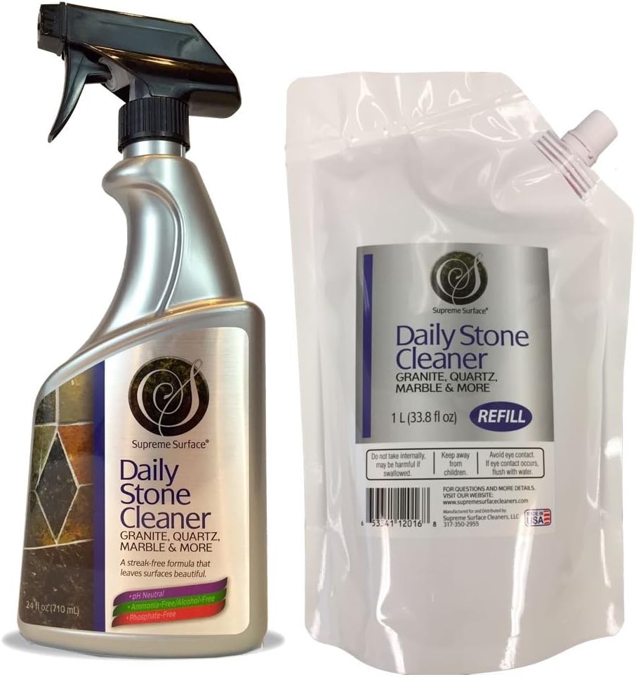 Supreme Surface Daily Stone Cleaner for Granite, Quartz, Marble and More, 24 fl oz and 1 Liter Buddy Pak
