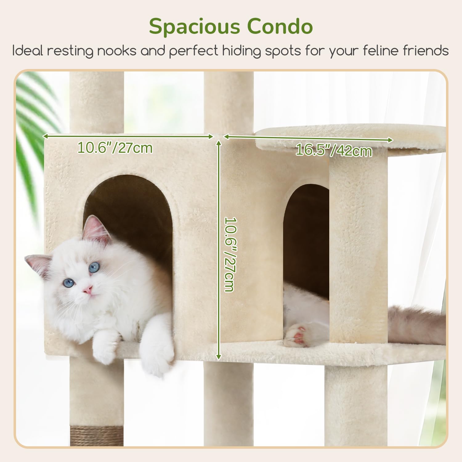 A cat peeking out from inside a spacious cat condo, with dimensions indicated.