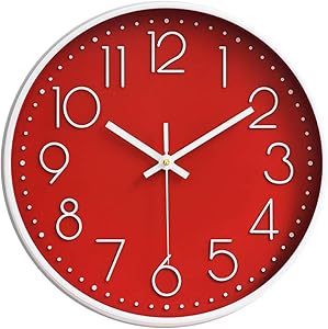 Preciser Kitchen Wall Clocks 12 Inch Vintage Style Non-Ticking Wall Clock Battery Operated Quartz Analog Silent Movement Large Decorative Clock Arabic Numerical for Home Office Decor - Red