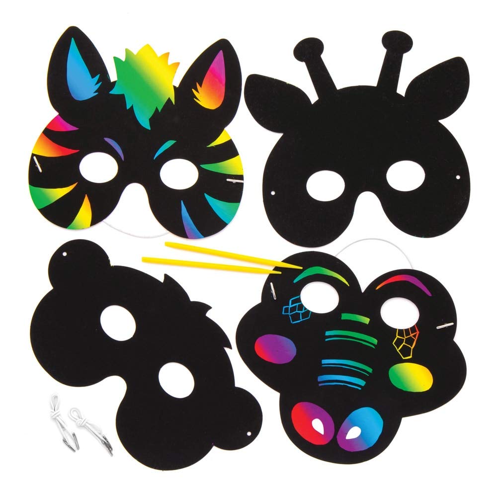 Baker Ross AW489 Jungle Animal Scratch Art Masks, Costume Masks for Kids, 25cm, Assorted, Pack of 6, Pieces