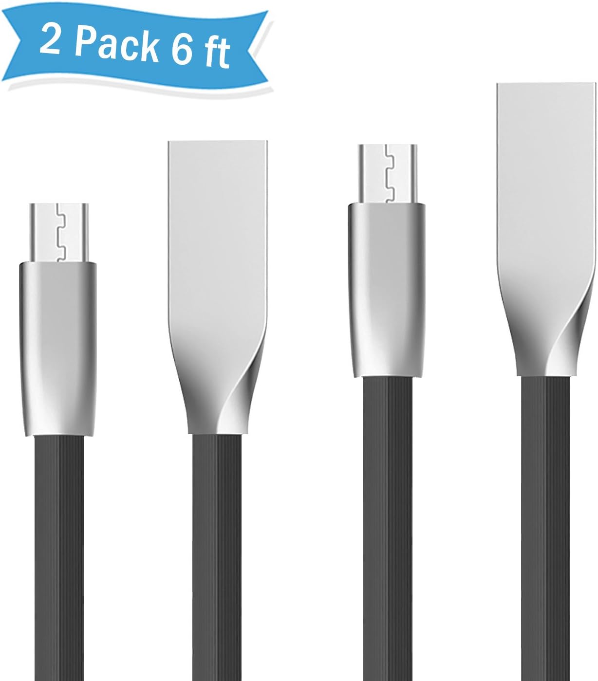 Micro USB Charger, Rywell (2 pack) Ultra Thin 6ft Zinc Alloy Flat Noodles Charging USB Cable for Samsung LG HTC Moto ZTE Nexus Blackberry Sony and all Micro-USB devices(Black)