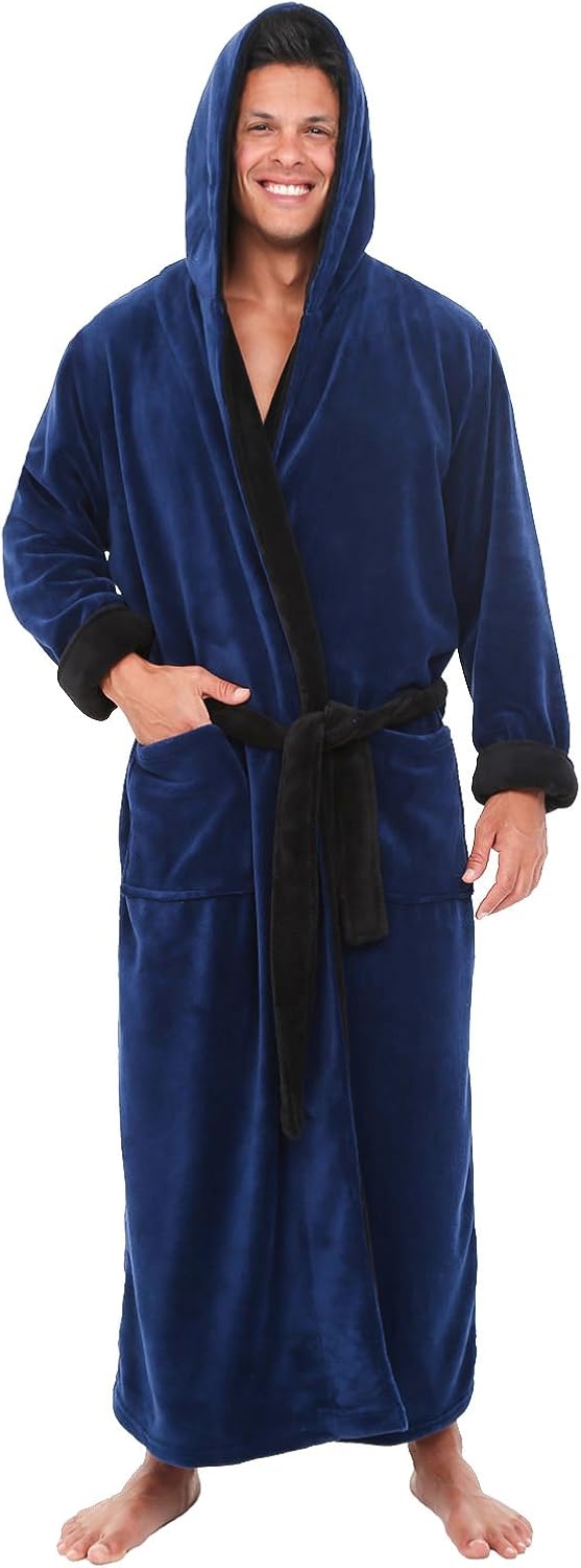 Alexander Del Rossa Men's Warm Fleece Robe with Hood, Big and Tall Contrast Bathrobe at  Men’s Clothing store
