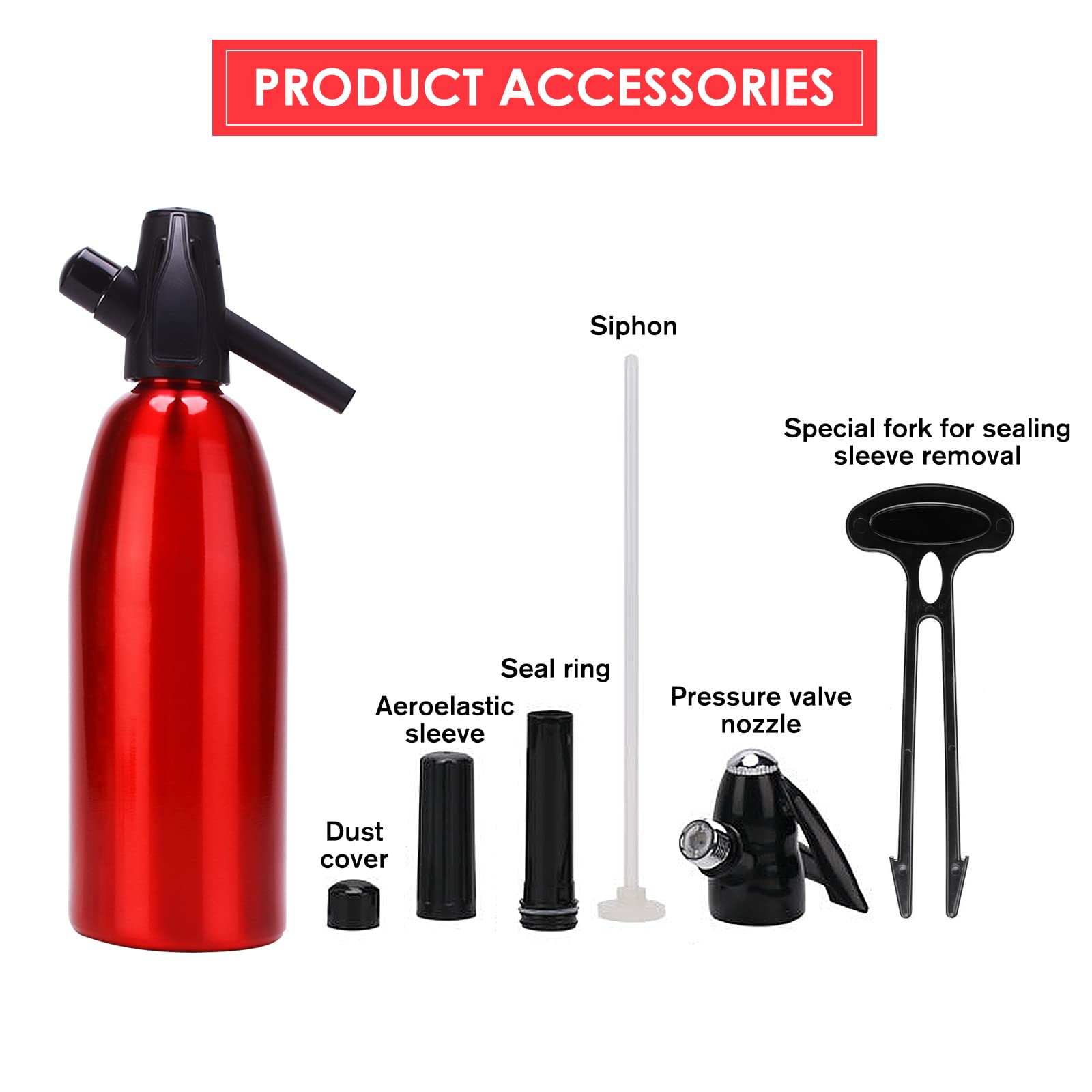 Sparkling Water Maker, 1L Soda Streaming Machine, Aluminum Soda Maker for Home, Portable Water Maker for Soda Water, Cocktails or Soda Water, 8 gram CO2 Cartridges(Not Included) (Red)