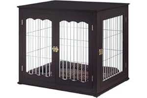 unipaws Furniture Style Dog Crate for Medium Large Dogs, Indoor Aesthetic Dog Stuff Kennel, Modern Decorative Wood Wire Pet House Dog Cage, Pretty Cute End Side Table Nightstand, Espresso…