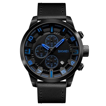 Quartz Leather Strap Chronograph Black Dial Mens Sports Wristwatch -1309