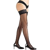 GIFTPIXIE Silk Thigh High Stockings for Women, Shiny Reinforced Lace Top Tights with Anti-Slip Silicone, Sexy Sheer Lingerie