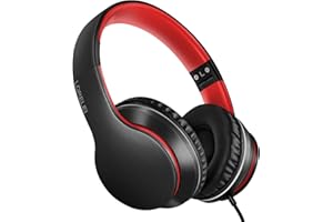 LORELEI X6 Over-Ear Headphones with Microphone, Lightweight Foldable & Portable Stereo Bass Headphones with 1.45M No-Tangle,Wired Headphones for Smartphone Tablet MP3 / 4 (Black-Red)