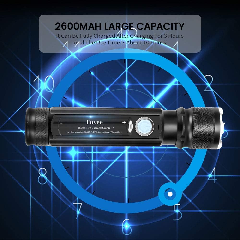 Euyee Rechargeable Flashlight High Lumen Magnetic LED Flashlight - Zoomable, 4 Modes with COB Work Light, Water Resistant, Handheld Light - for Camping, Hiking, Emergency(with 18650 Battery) - - 